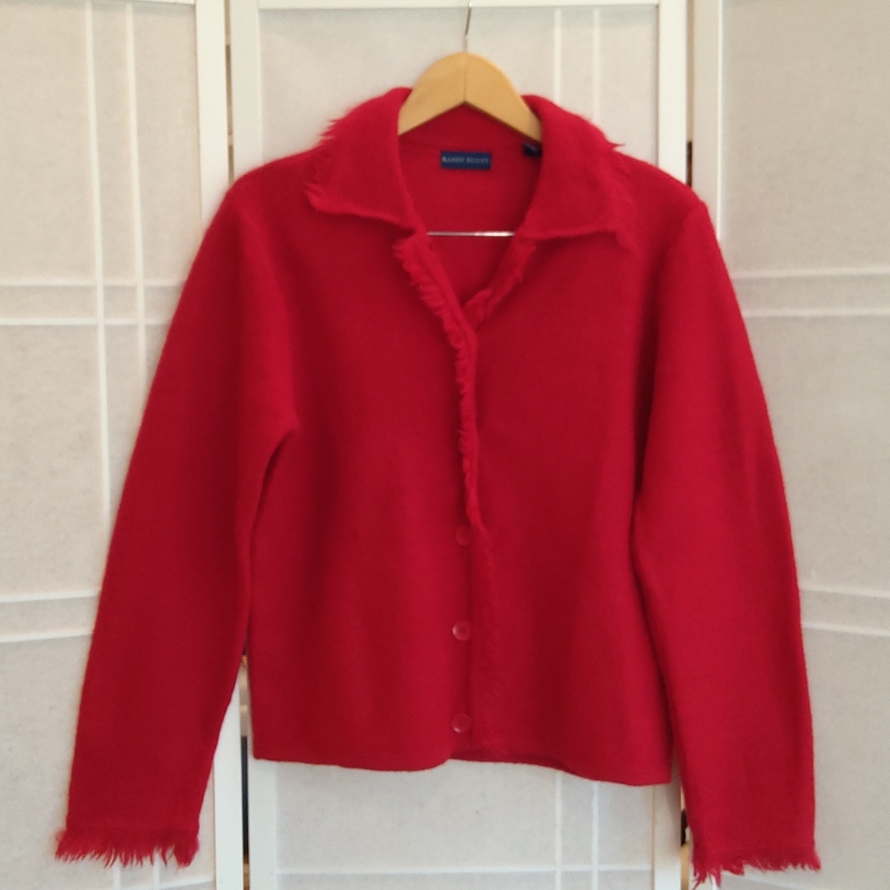 100% Wool Kensie Red Button-Front Fuzzy Sweater Cardigan